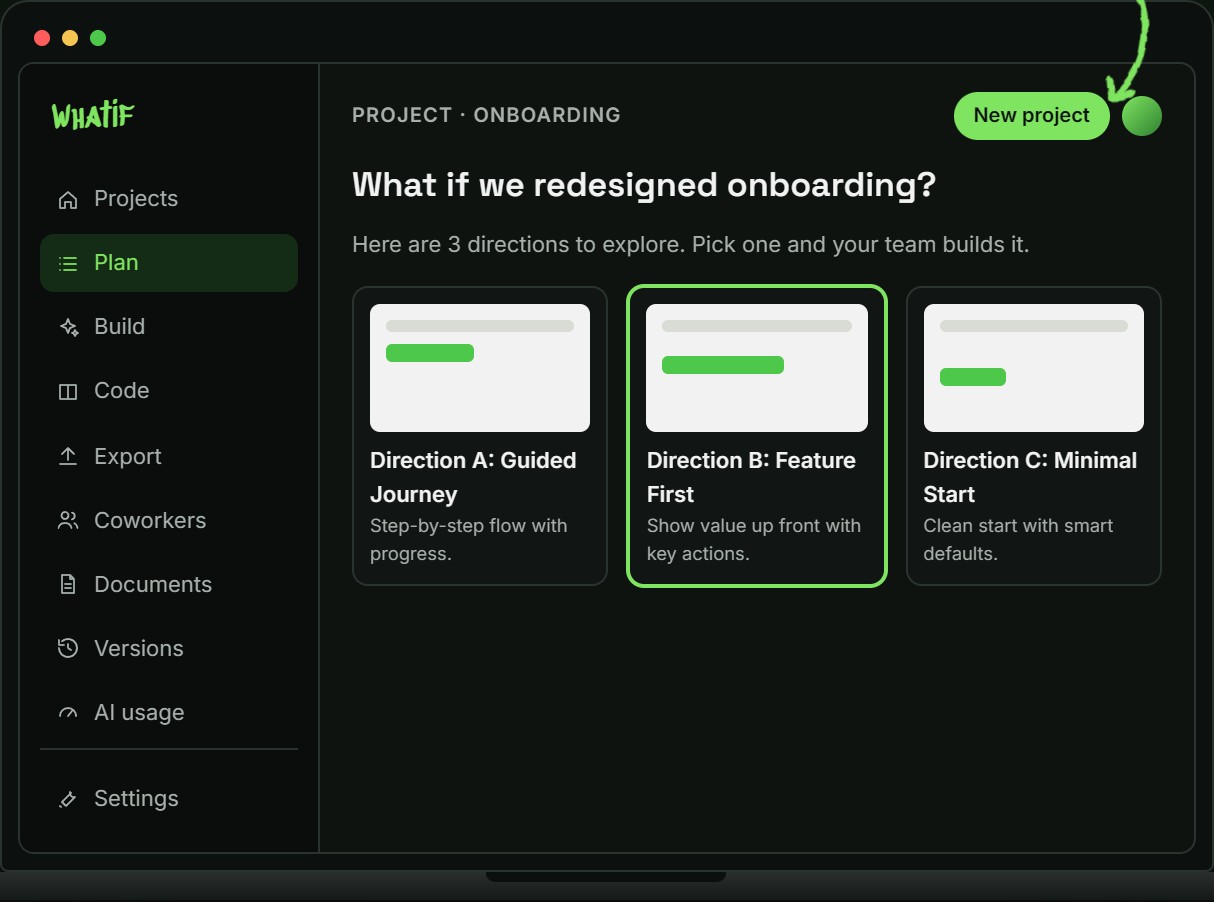 The Whatif desktop workspace, turning a product question into three directions to explore